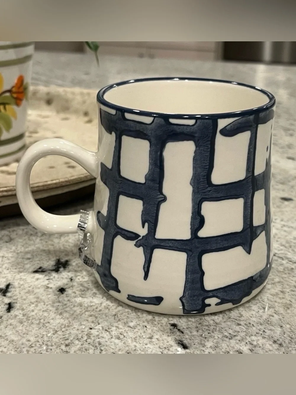 Hand Painted Under Glaze White and Blue Abstract Ceramic Coffee Mug NWOB